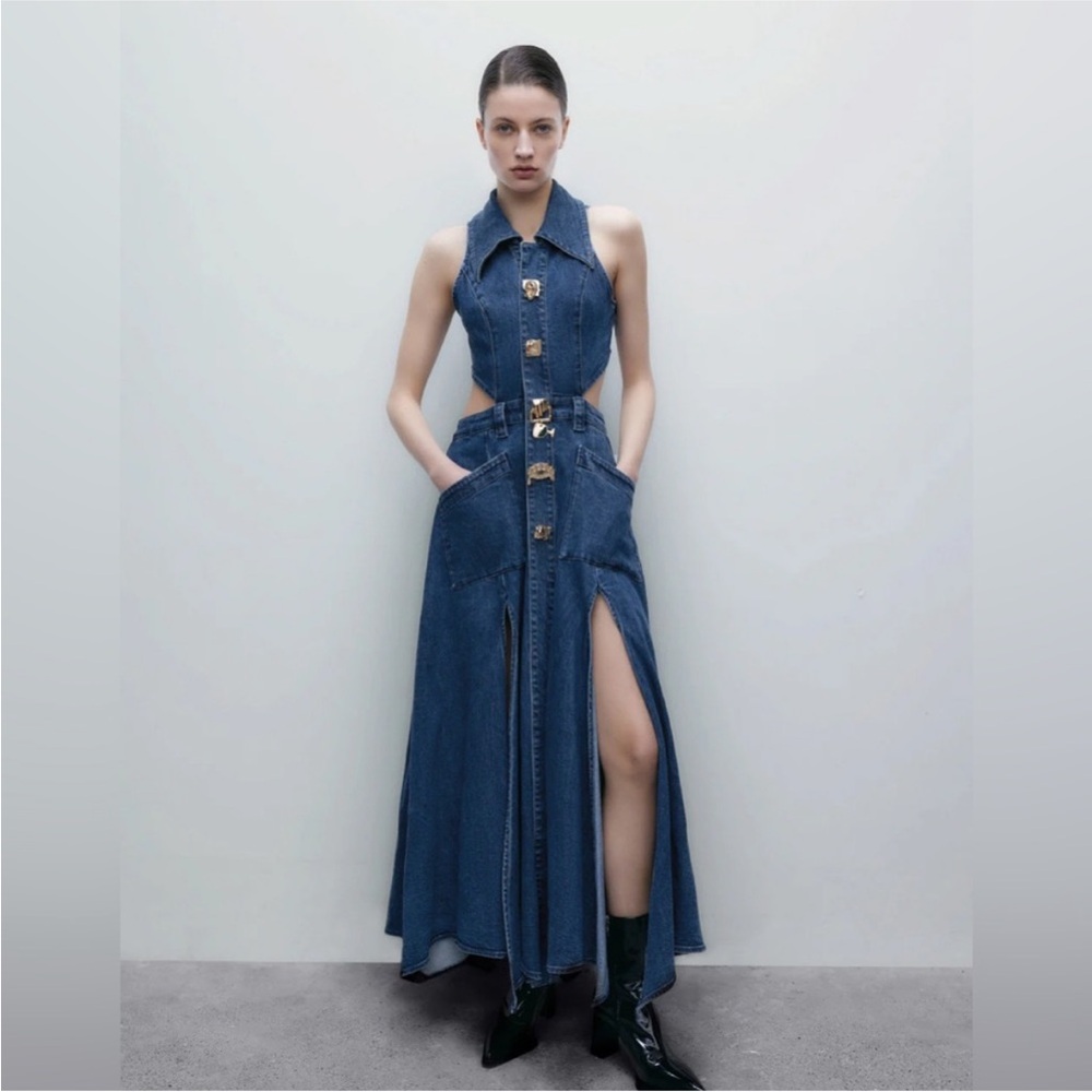 URBAN REVIVO Cut-Out Sleeveless Lapel Denim Blue Jean Maxi Dress Size XS